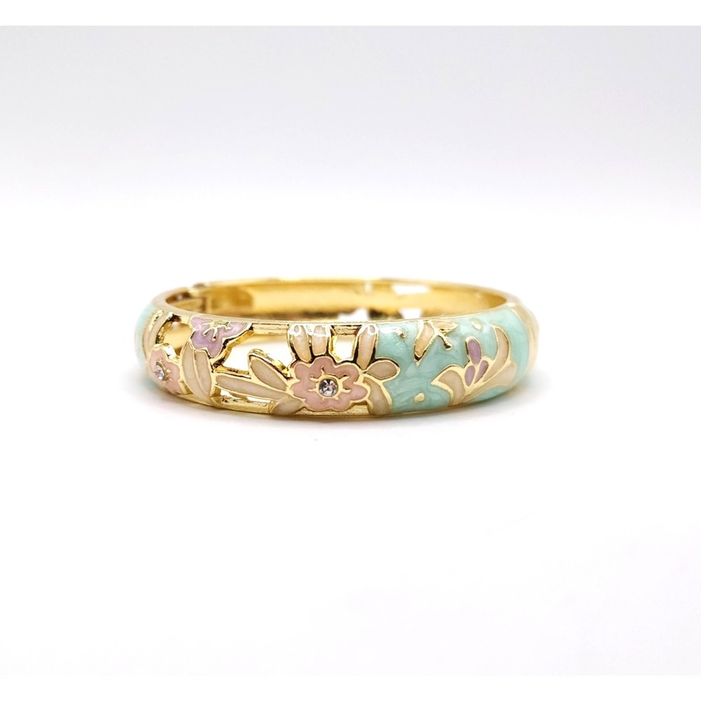 Floral Enamel Hinge Bangle Bracelet 7in Gold